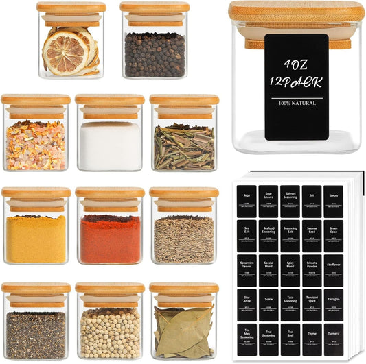ComSaf 12Pcs Glass Spice Jars with Bamboo Lid, 4oz Airtight Square Spice Containers with 275 Black Lables, Empty Seasoning Jars for Spice Salt Sugar