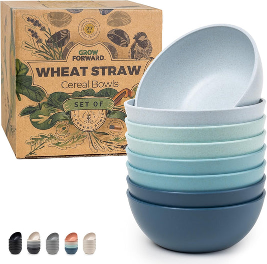 Grow Forward Premium Wheat Straw Bowls - 27oz Microwave Safe Plastic Cereal Bowls Set of 8 for Kitchen, Camping, RV, Dessert, Snack, Soup, Salad, Fruit - Reusable, Unbreakable & BPA Free - Seascape