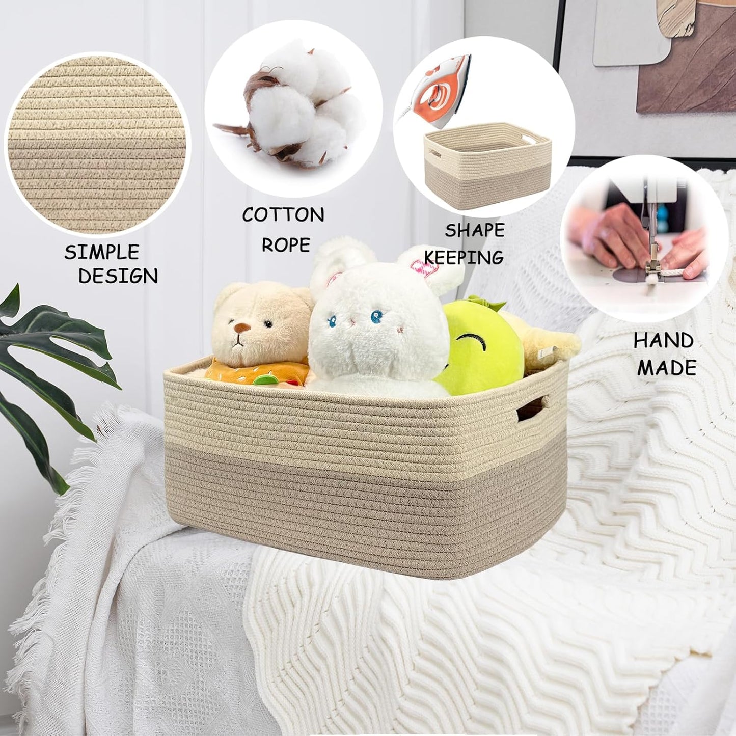 COMFY-HOMI Cotton Rope Woven Basket with Handles for Shelves,Toys,Book, Cloth Storage Baskets for Organizing-17" x 13" x 7.5" Toy Decorative Organizer for Living Room, Bathroom （Beige brown）