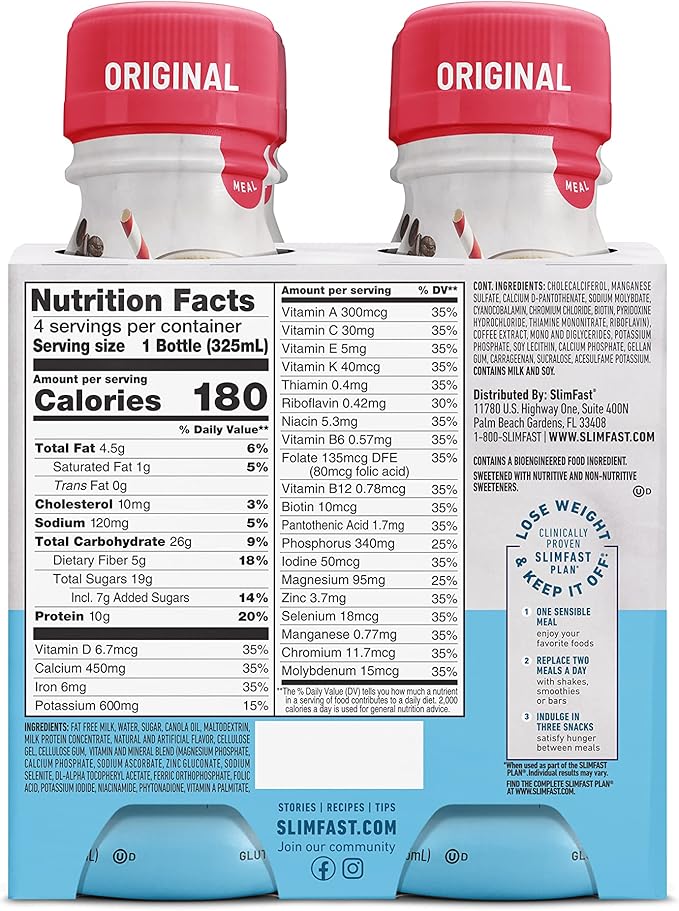 SlimFast Meal Replacement Shake, Original Cappuccino Delight, 10g of Ready to Drink Protein for Weight Loss, 11 Fl. Oz Bottle, 4 Count (Pack of 3) (Packaging May Vary)