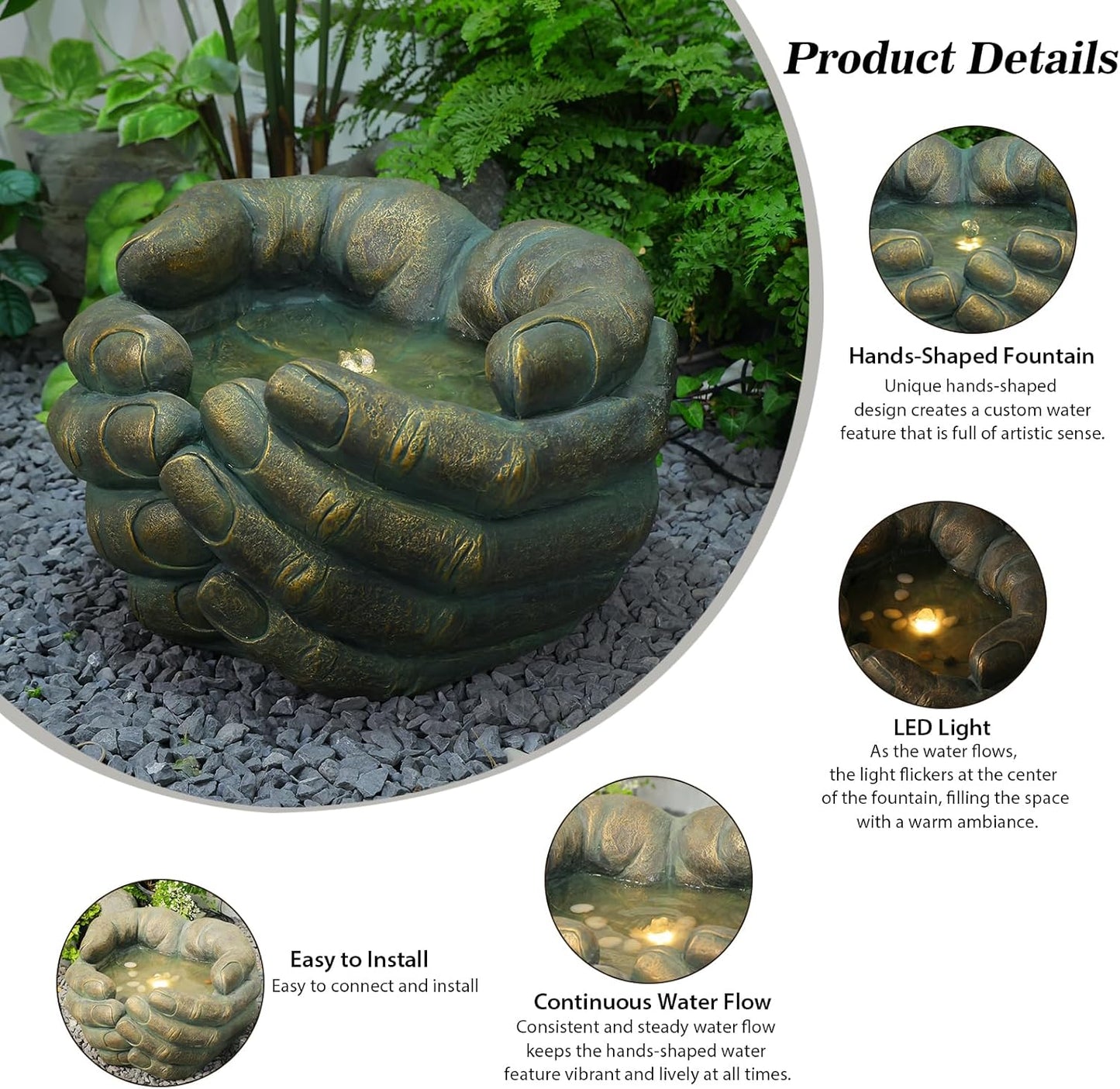 Water Fountain Zen Outdoor Fountains Garden Buddha's Hand Bubbler with Lights & Pump for Patio Porch Deck Yard Home Decor, 19.7''H x 17.5''L x12.2''W