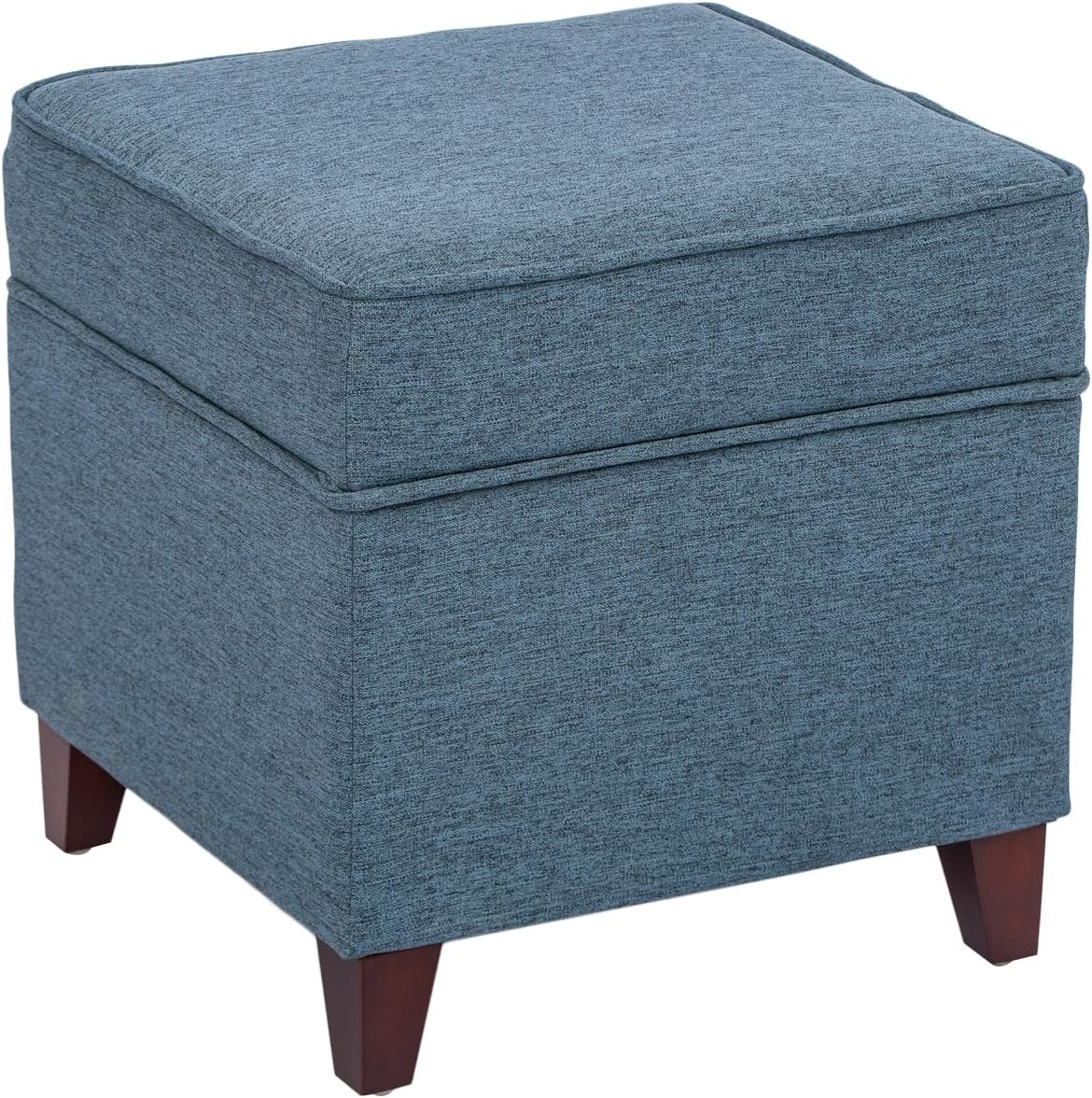 Adeco 17" Square Ottoman with Storage, Small Blue Storage Ottoman Foot Rest with Hinged Lid & Solid Wood Legs, Linen Fabric Foot Stool for Living Room & Bedroom