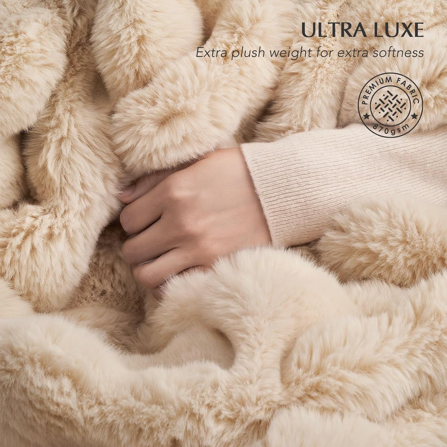 EVERGRACE Ultra Soft Luxury Fluffy Ridgeline Faux Rabbit Fur Throw Blanket, Thick Warm Bubble Throw for Bed, Cozy Plush Reversible Blankets for Couch, Chair, Sofa, Cream, 80x90 Inches, 870 GSM