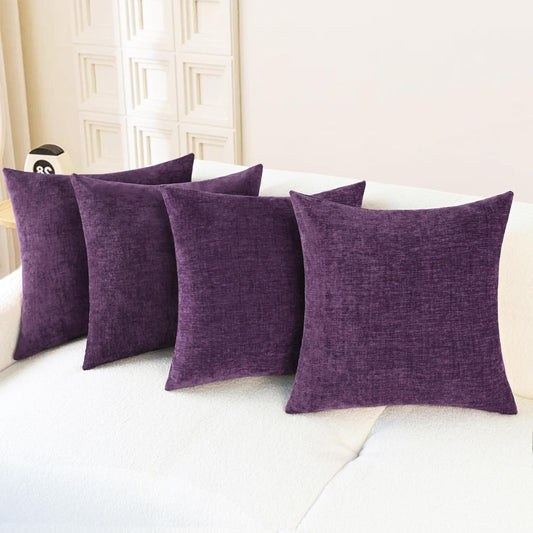 CaliTime Throw Pillow Covers Decorative 18 X 18 Inches Pack of 4 Cozy Chenille Cushion Cases for Couch Sofa Bed Living Room Home Plum Purple