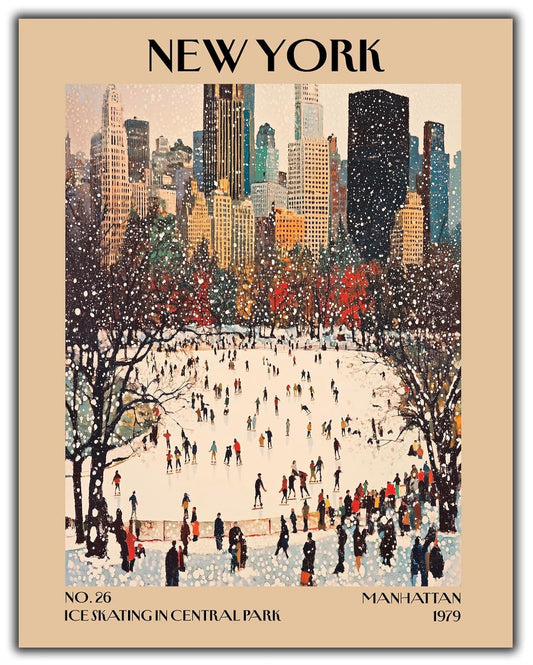 Retro Vintage New York Wall Art Print - 11x14 Unframed Poster - New York City Souvenirs, Cute Trendy Colorful Wall Decor (Ice Skating in Central Park, 11x14")