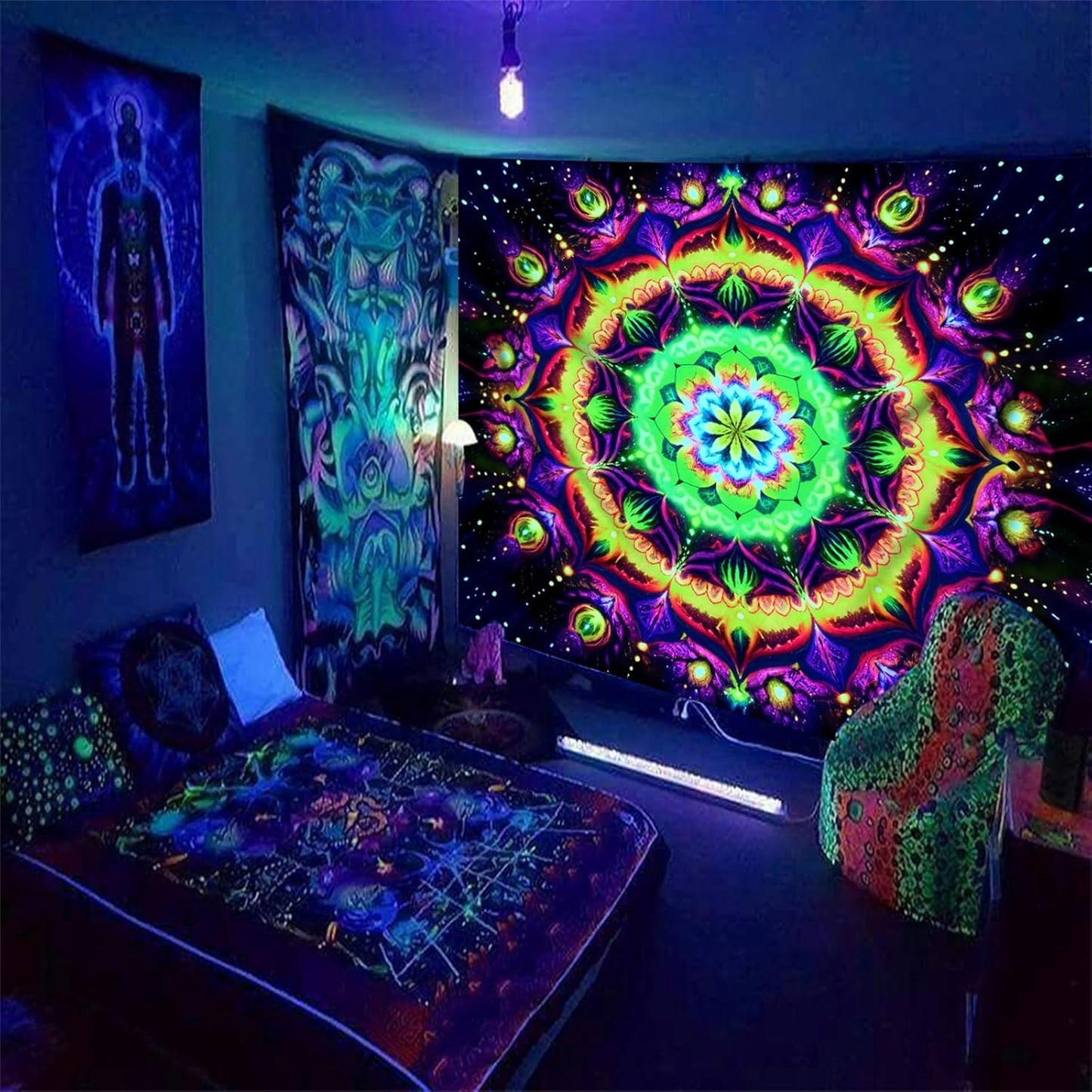 Blacklight Mandala Tapestry for Bedroom, Psychedelic Flower Black Light Posters for Adults and Teens, UV Reactive Aesthetic Bohemian Art Wall Hanging Decor Golden and Green (80 x 60 Inches)