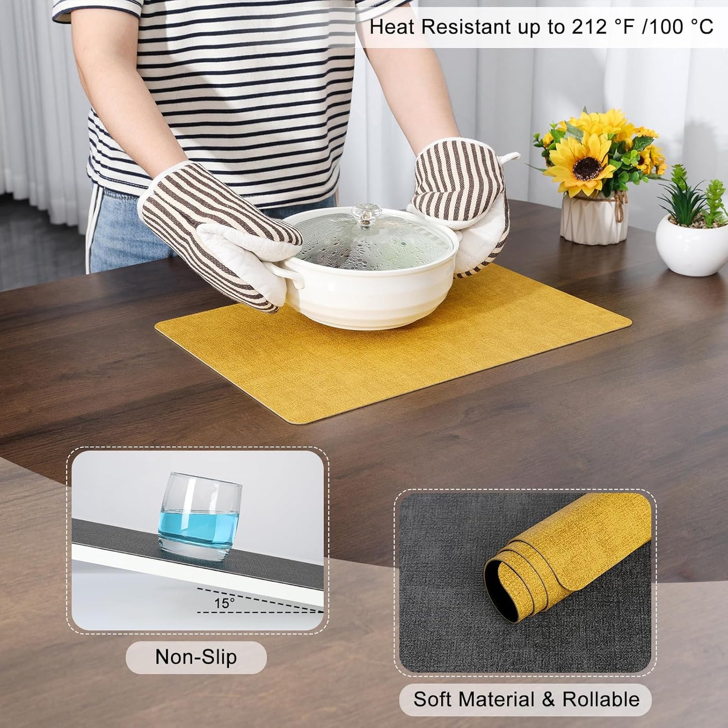 Myir JUN Dual Sided Placemats, Faux Leather Set of 4 for Dining Table Indoor Outdoor, Square Non-Slip Washable Table Mats (Gray Yellow)