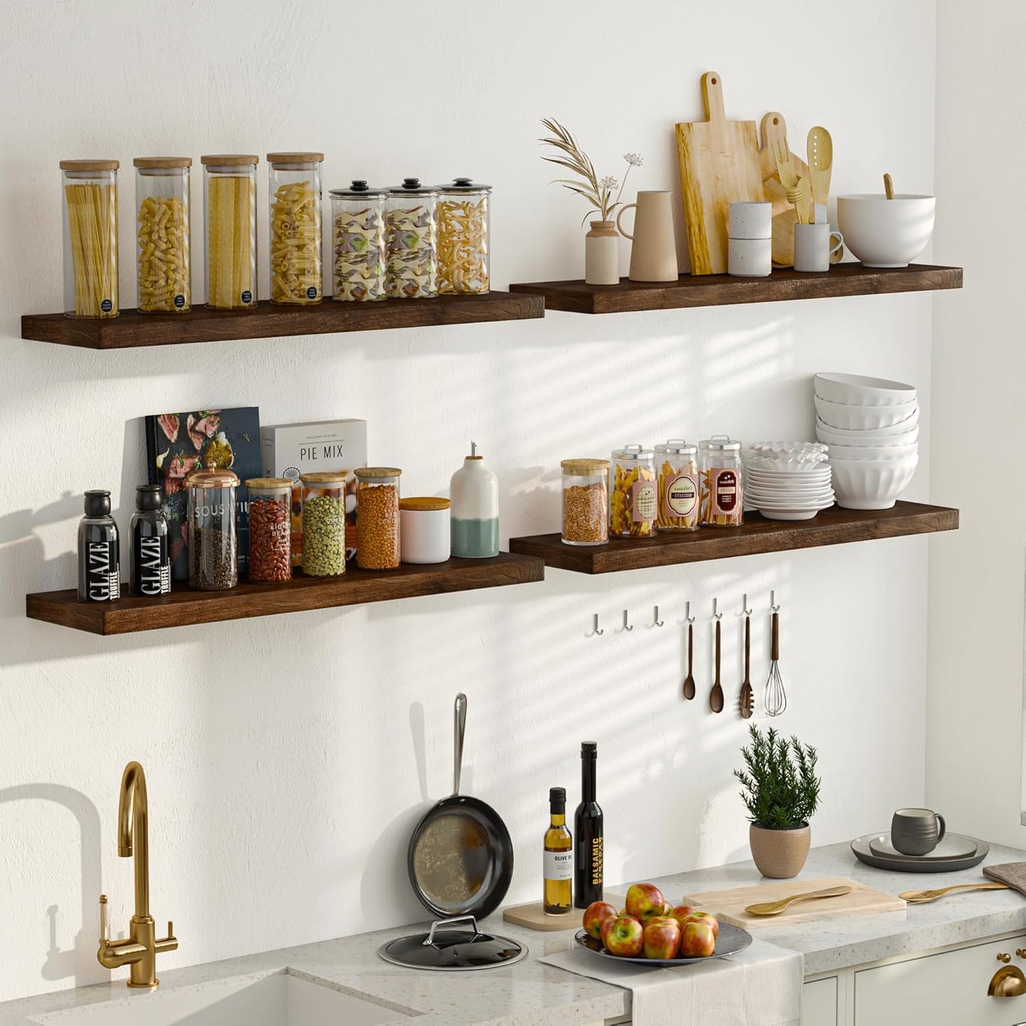 Fun Memories Solid Elm Wood Floating Shelves, 42 Inch Floating Shelves for Wall, Rustic Wooden Shelf Wall Mounted with Invisible Heavy-Duty Bracket for Books, Bathroom, Kitchen, Walnut Finish