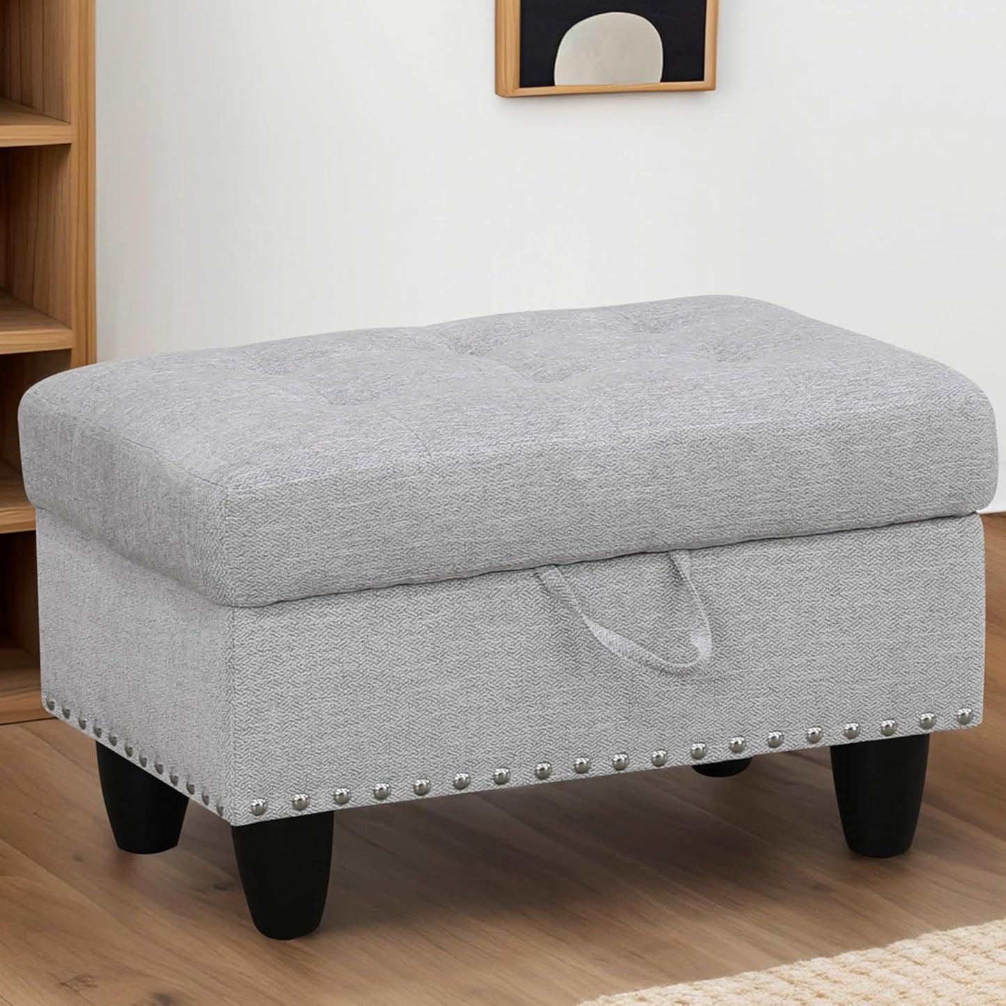 Ottoman Rectangular Storage Ottoman Bench, Flannel Footrest Stool Footstool with Lid for Living Room, Bedroom, Entryway, Gray White, 28.5"x19"x17.5"