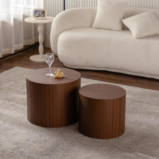Nesting Round Coffee Table Set of 2, Small Circle Accent End Table for Small Spaces, Morden Drum Side Table, Wooden Center Table for Living Room, Fully Assembled - Dark Walnut