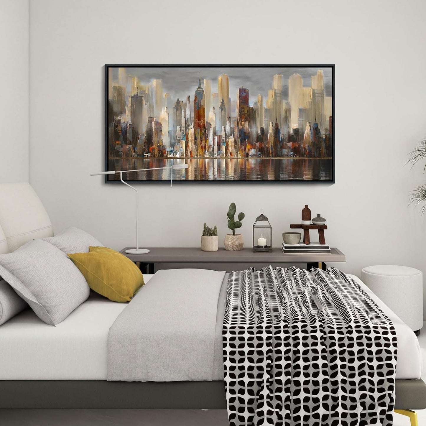 Abstract Brown New York City canvas Wall Art Framed Large Wall Art for Living Room Modern Paintings for Bedroom Cityscape New York Wall Decor Artwork Wall Pictures for Office and Bedroom 24×48in