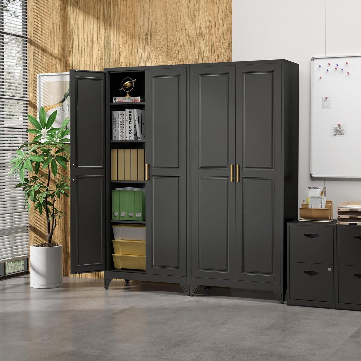 Kitchen Pantry Cabinet,75”Black Metal Storage Cabinets with Doors and 4 Adjustable Shelves,Kitchen Cabinet with 2 Gold Handles,Tall Cabinet for Livingroom, Bathroom