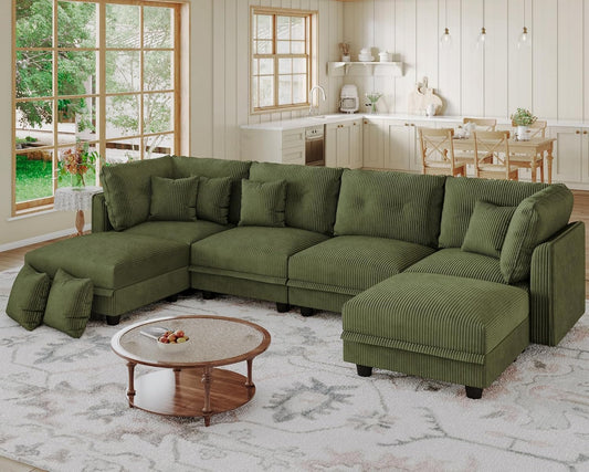 LLappuil Modular U-Shaped Sectional Sofa with Storage, 6-Seat Convertible Corduroy Couch with 6 Back Cushions & 6 Throw Pillows, Large L-Shaped Sofa for Living Room, Green