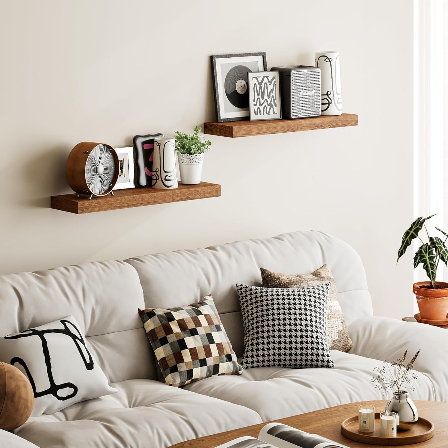 BAMEOS 24x6 Wall Shelf, 2-Shelf Modern Oak Floating Shelf Set for Bedroom, Bathroom, Kitchen Storage