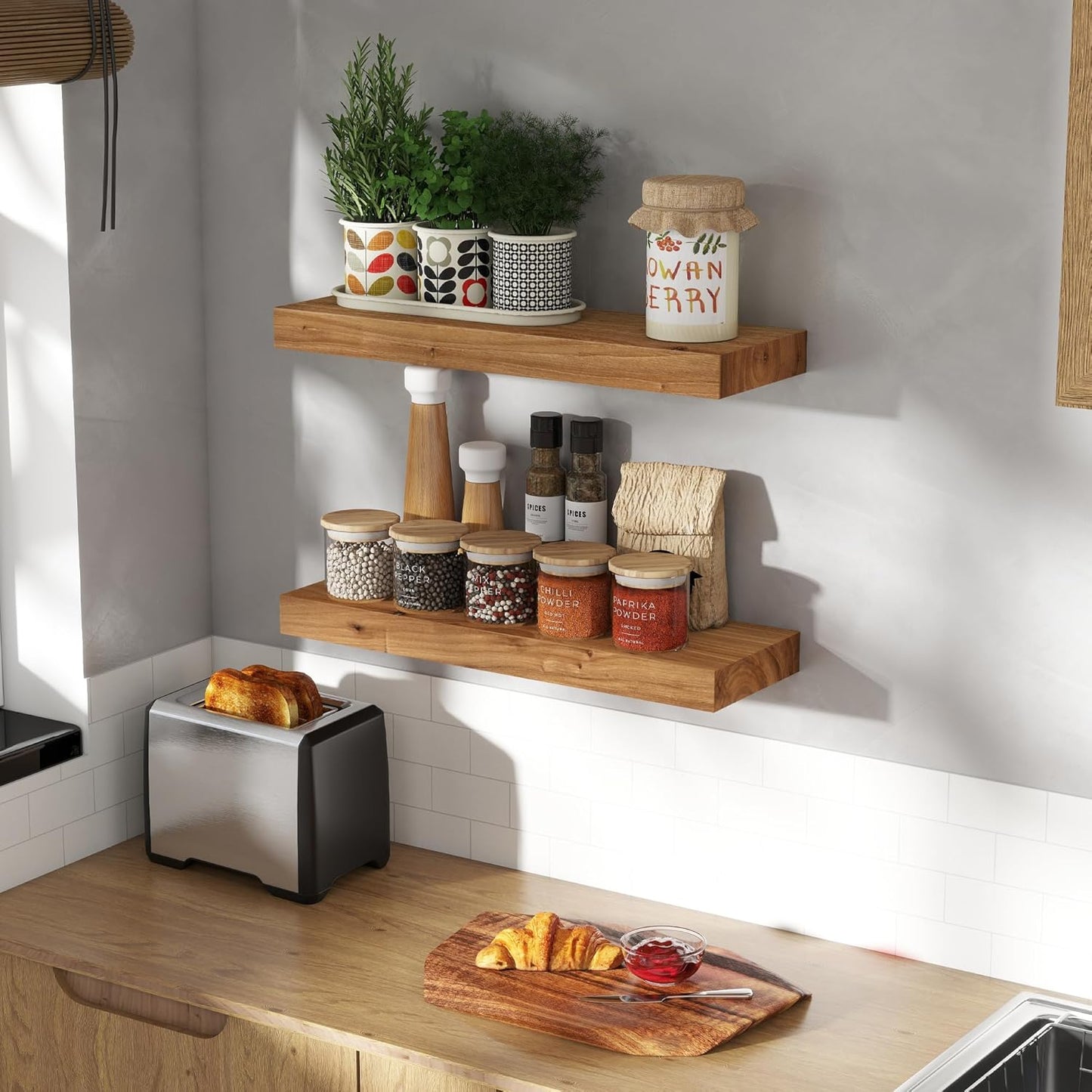 Wood Floating Shelves for Wall, 24" Floating Shelves Wall Mounted, Rustic Old Elm Wood Shelf for Home Decor, Heavy-Duty Storage Shelves for Books, Bathroom, Kitchen, Natural Color, Set of 2