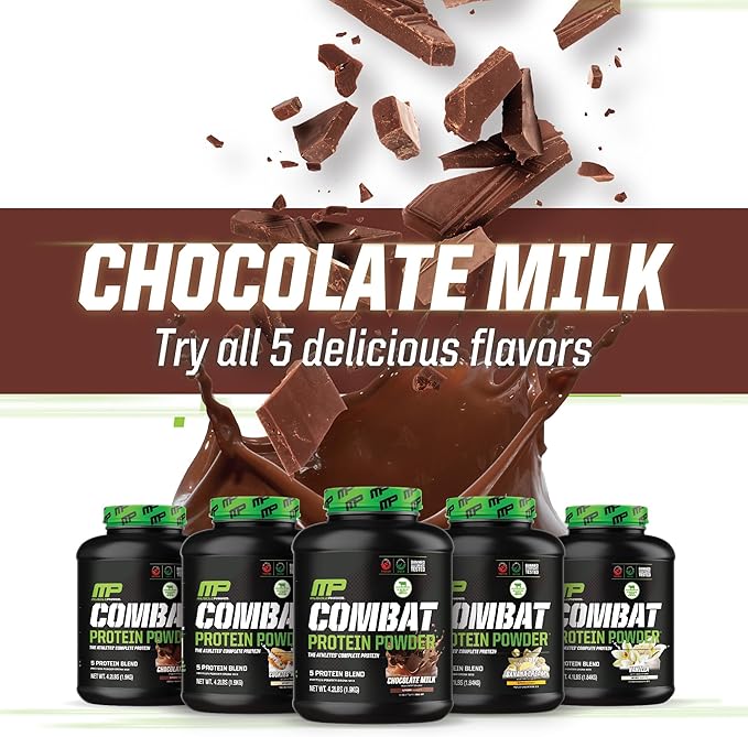 MusclePharm Combat Protein Powder, Chocolate Milk Flavor, Fuels Muscles for Productive Workouts, 5 Protein Sources including Whey Protein Isolate & Egg Albumin, Gluten Free, 4.2 lb, 52 Servings