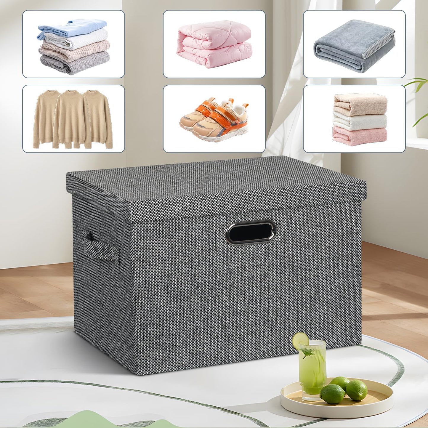 Large 17" 36 Quart Collapsible Stackable Storage Bins with Lids, 3 Packs Black and White Mix Linen Fabric Closet Boxes with Lids, Storage Cube Baskets Container Organizers (17x12x11)