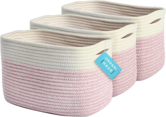 OrganiHaus Set of 3 Woven Storage Baskets for Organizing, Cotton Rope Organizer Bins for Shelves, Closet & Nursery, Dog Toy Basket, Decorative Bins for Toys, Towels & Books - 15x10x9, Pink/Off-White