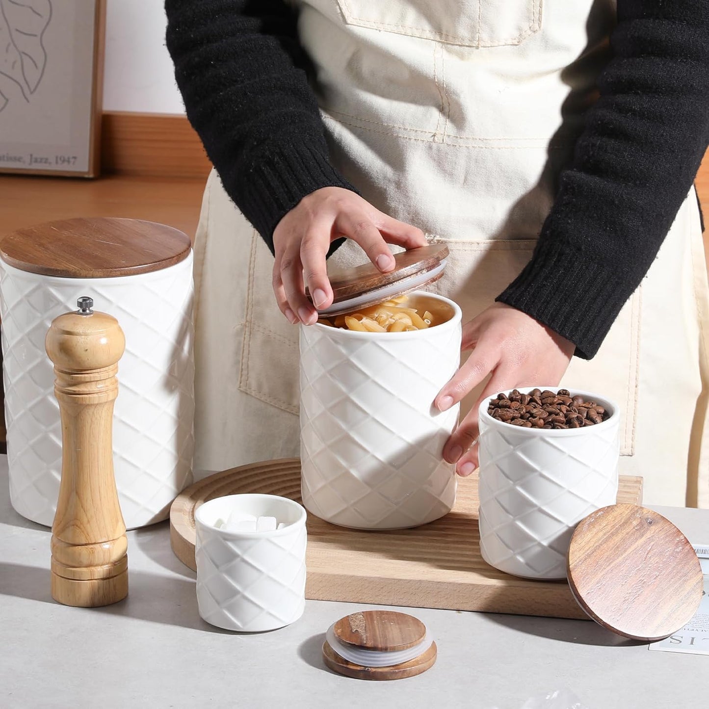 Sweejar Ceramic Canisters Sets for Kitchen Countertop, Relief Food Storage Jar with Bamboo Lid, Stackable Container for Flour, Coffee, Pasta, Cereal, Tea, Sugar, Spices, Pack of 4 (Walnut White)