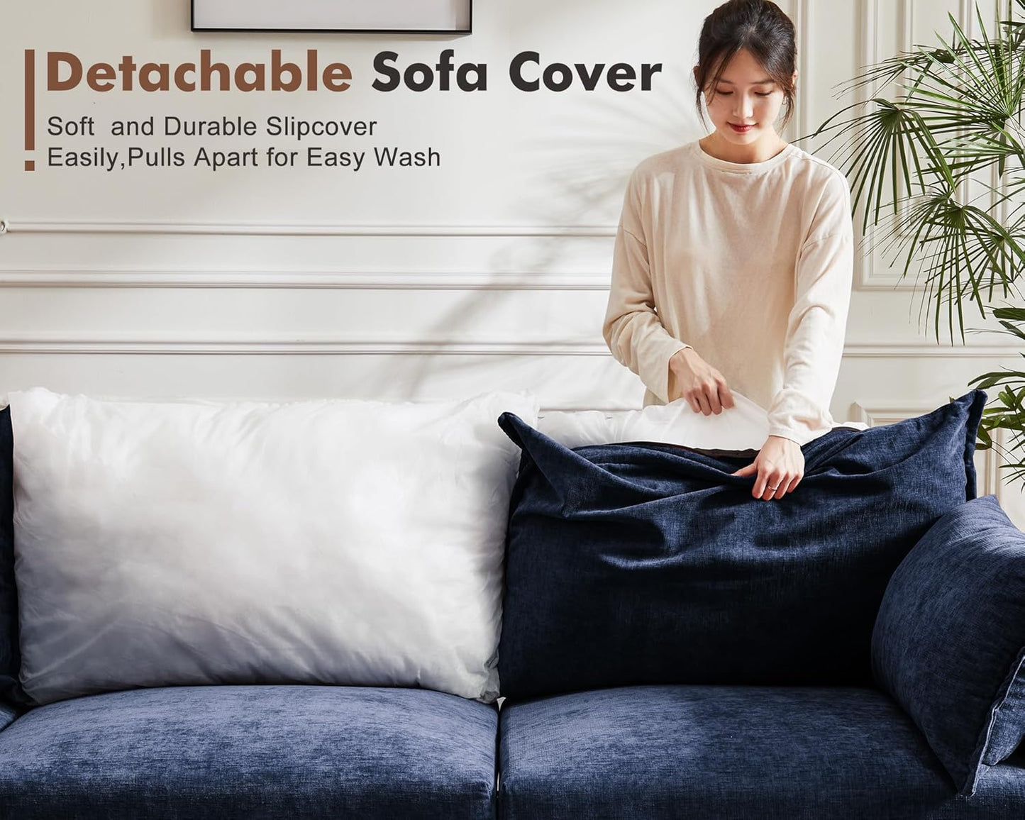 Luxury Modular Sectional Sofa, L-Shaped 3-Seat Couch with Storage Ottoman Deep Seat & Reversible Chaise Lounge Chenille Blue for Compact Spaces, Apartments, Dorm