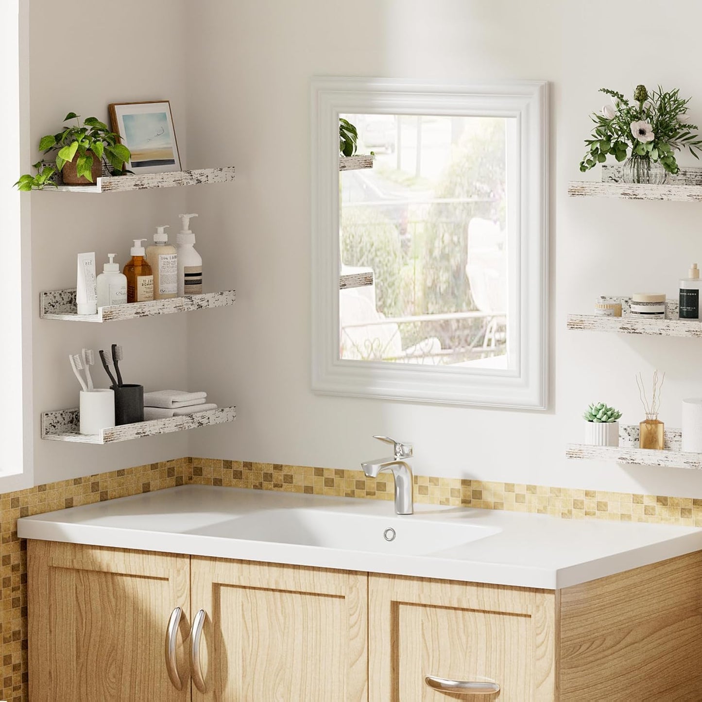 upsimples Floating Shelves for Wall, Wall Shelves for Decor Storage Set of 6, Wall Mounted Wood Shelf for Bedroom, Living Room, Bathroom, Kitchen, Picture Ledge Shelf, Rustic White