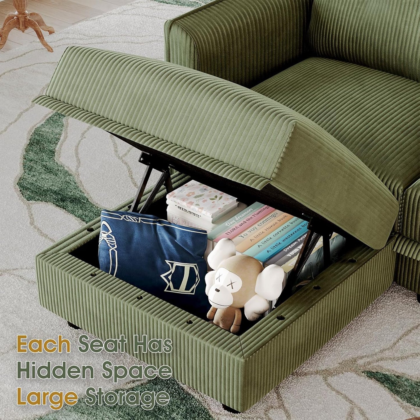 LLappuil Modular Sectional Sofa with Storage Seats, Corduroy Convertible Modular U Shaped Sectional Couch for Living Room, 9 Seat Oversized Sofa with 9 Back Cushion 9 Throw Pillow, Green