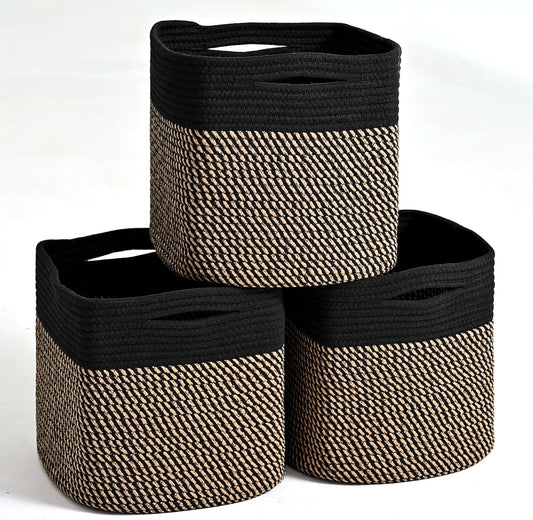 11 Inch Cube Storage Bins, Storage Cube Organizer Bins, Woven Cotton Rope Baskets for Storage, Storage Basket for Organizing Shelves, Square Baskets for Toys Nursery, Black & Jute (Pack of 3)
