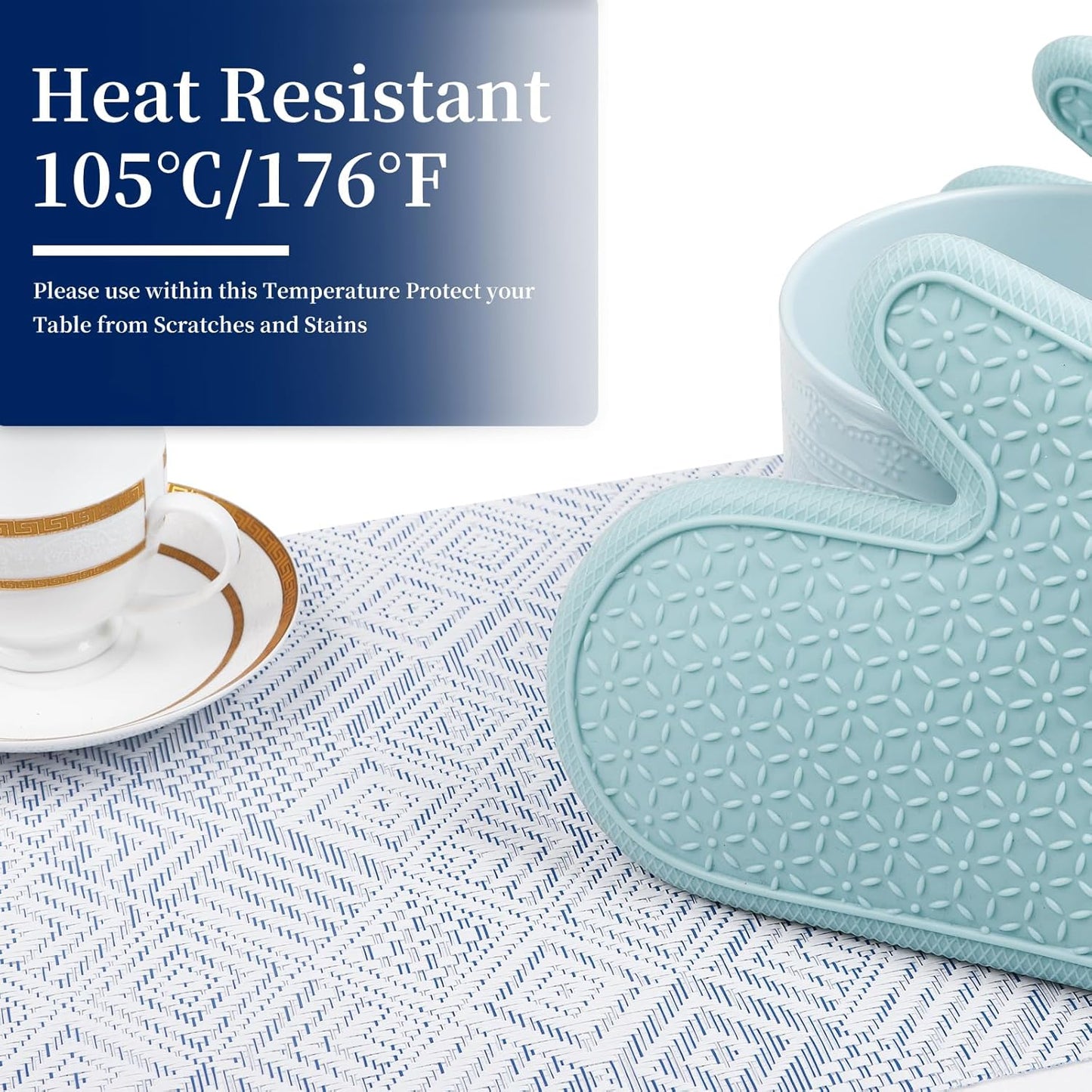 Vinyl Plastic Placemats Set of 6 Washable Heat Resistant Non-Slip Elegant Indoor Outdoor Kitchen Dining PVC Woven Table Place Mats (Blue Squares)