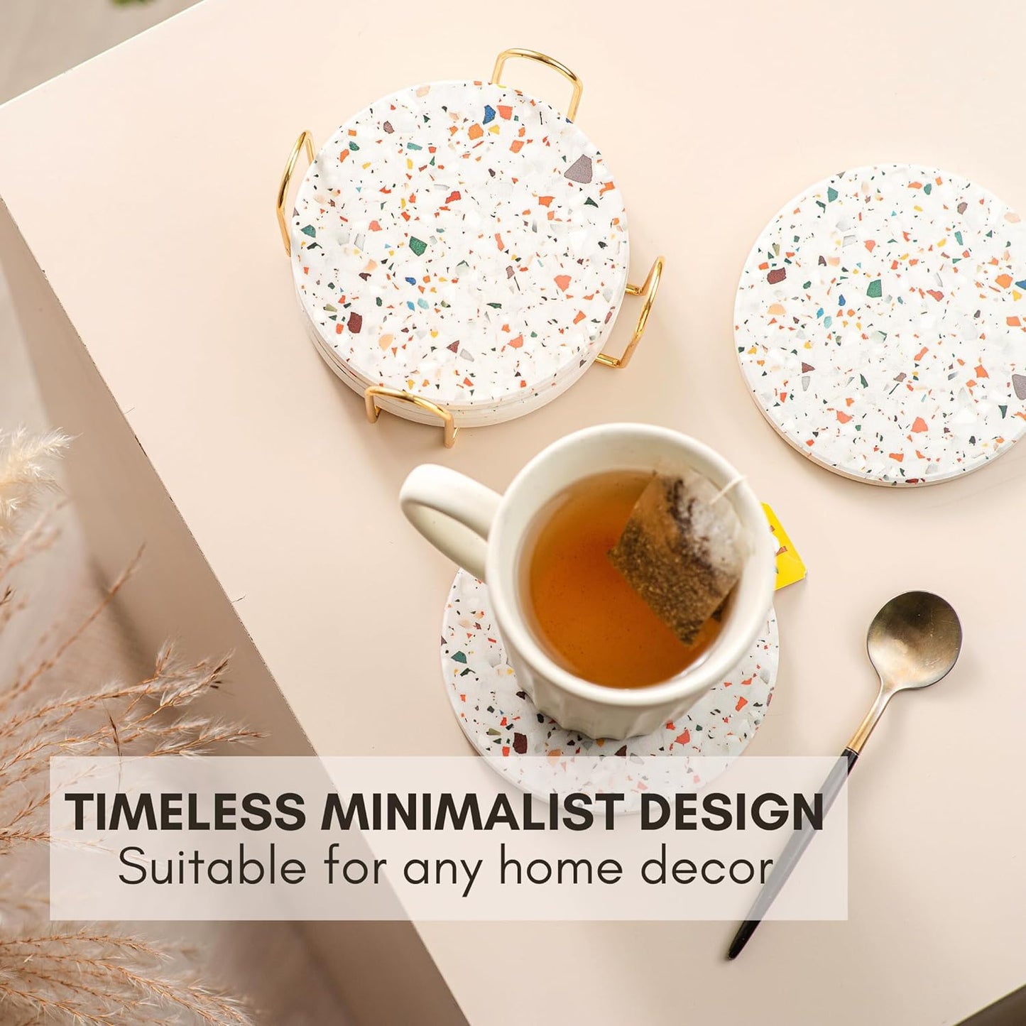 Terrazzo Drink Absorbent Coasters with Holder Set of 6, Ceramic Coaster for Drinks, Coffee Table Decor, Water Absorbing Stone Coaster for Drinks (Marble)