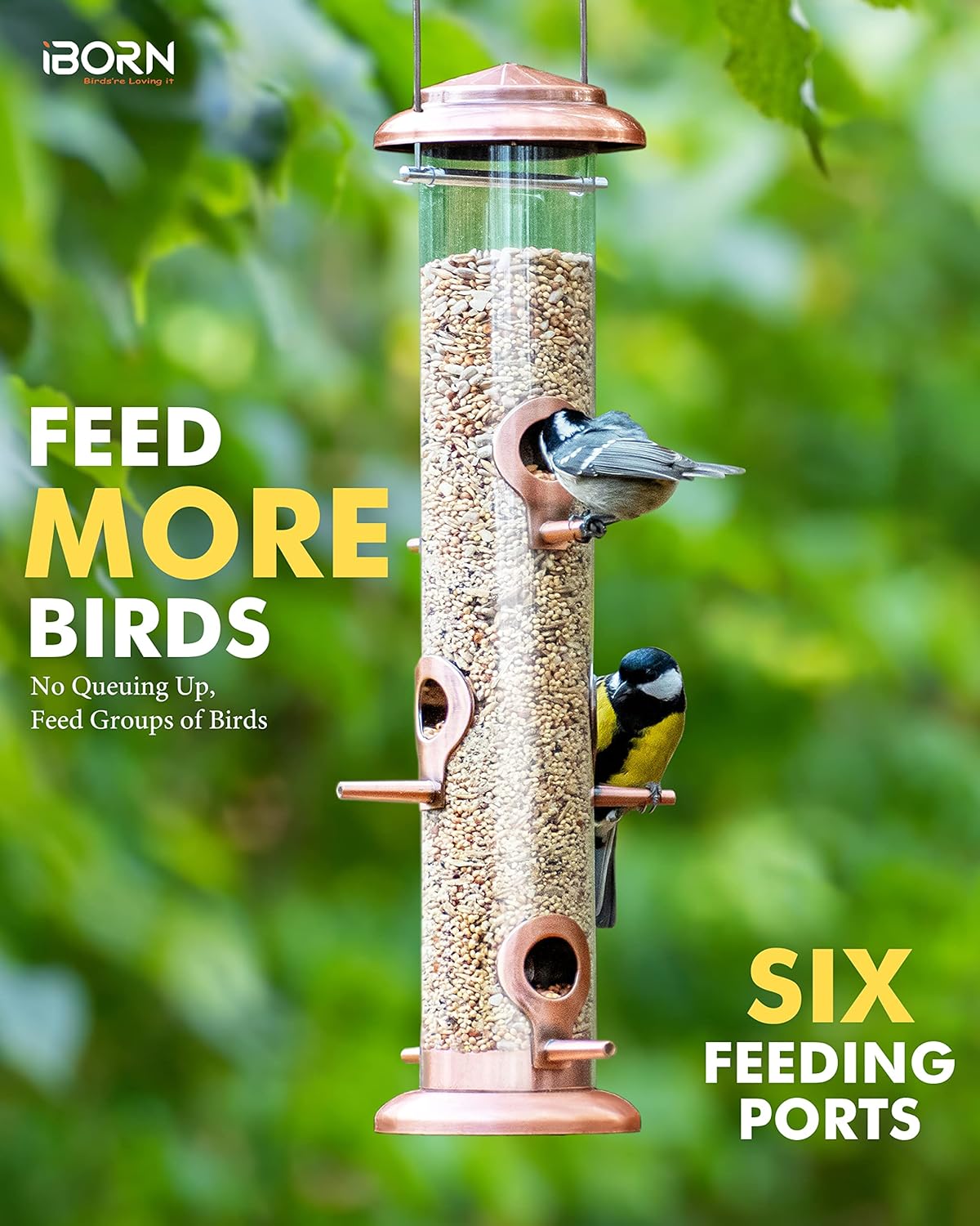 iBorn Metal Bird Feeders Brushed Copper Wild Bird Feeder for Outdoors Hanging All Metal Brushed Copper Finishing 14 Inch 6 Port,Pack of 2