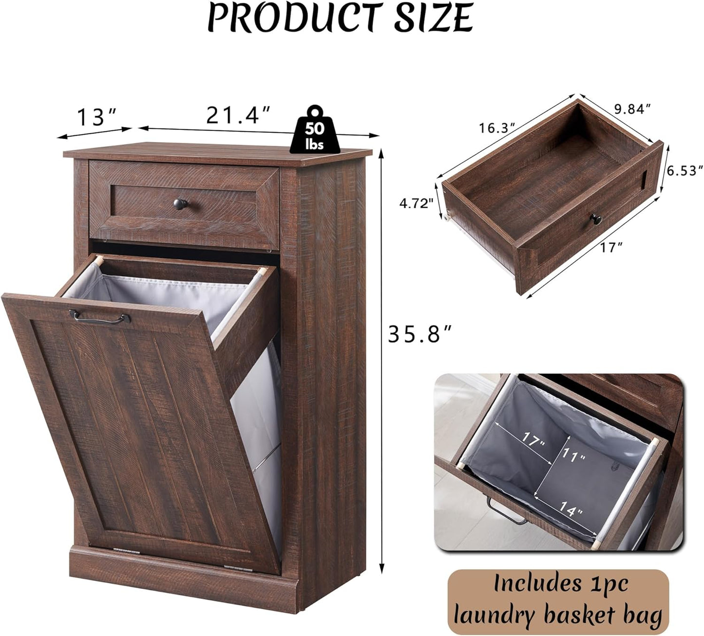 Tilt Out Laundry Hamper Cabinet, 10 Gallon Farmhouse Trash Can Cabinet with Drawer, Hidden Wood Garbage Can Bin Cabinet with Laundry Storage Basket for Bathroom, Kitchen, Brown