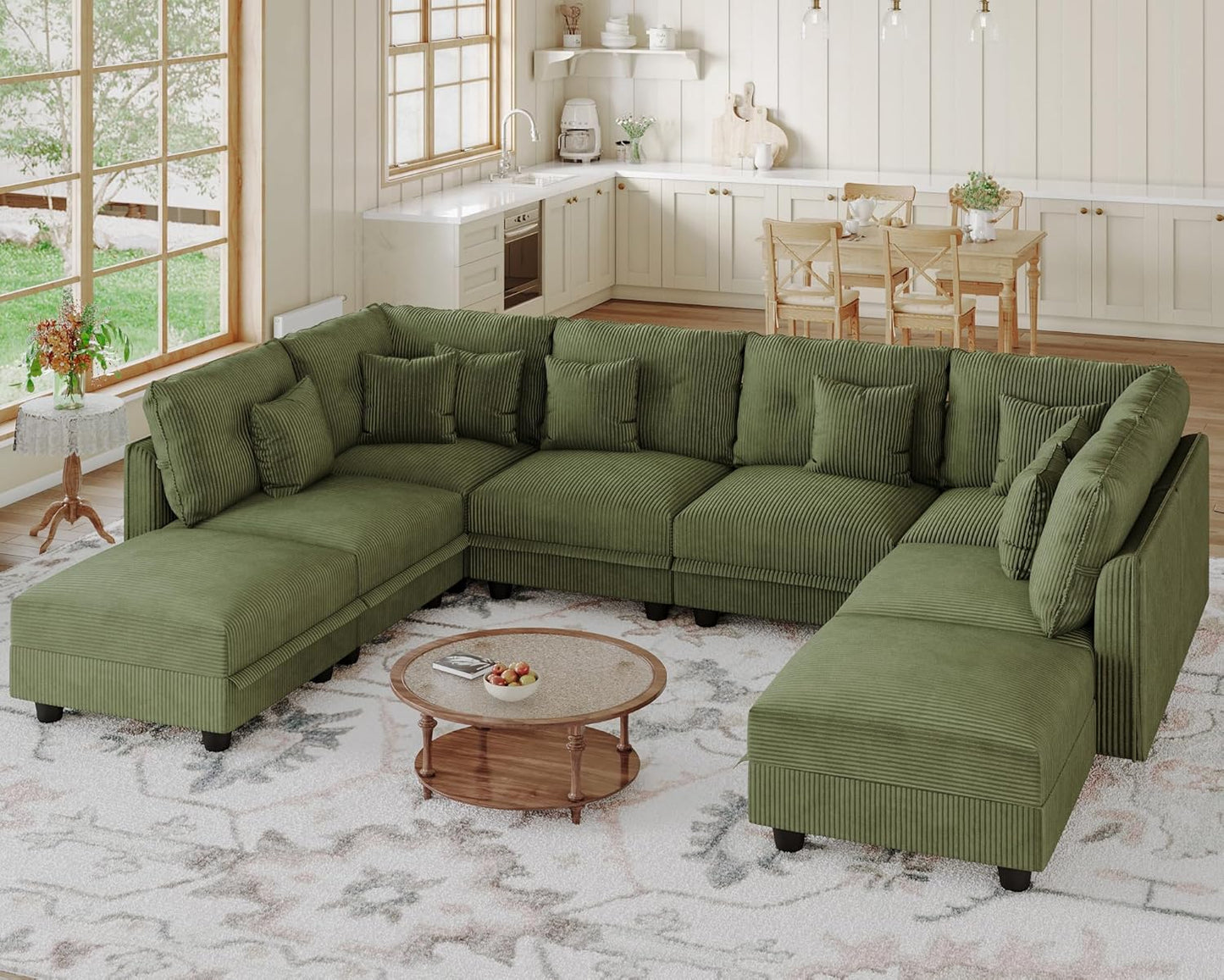 LLappuil Modular Sectional Sofa with Storage Seats, Corduroy Convertible Modular U Shaped Sectional Couch for Living Room, 8 Seat Oversized Sofa with 8 Back Cushion 8 Throw Pillow, Green