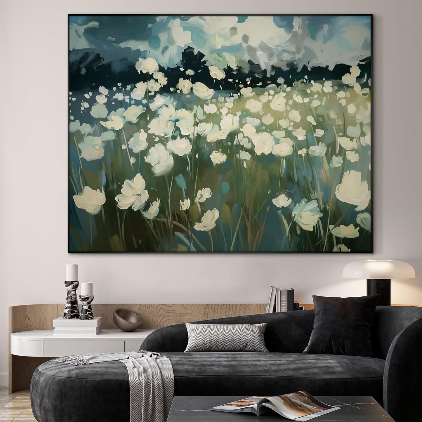 SIGNWIN 60"x72" Extra Large Framed Wall Art White Wildflower Field in Impressionist Style, Soft Floral Landscape for Home Living Room Bedroom Decor (Frame Assembly Required)