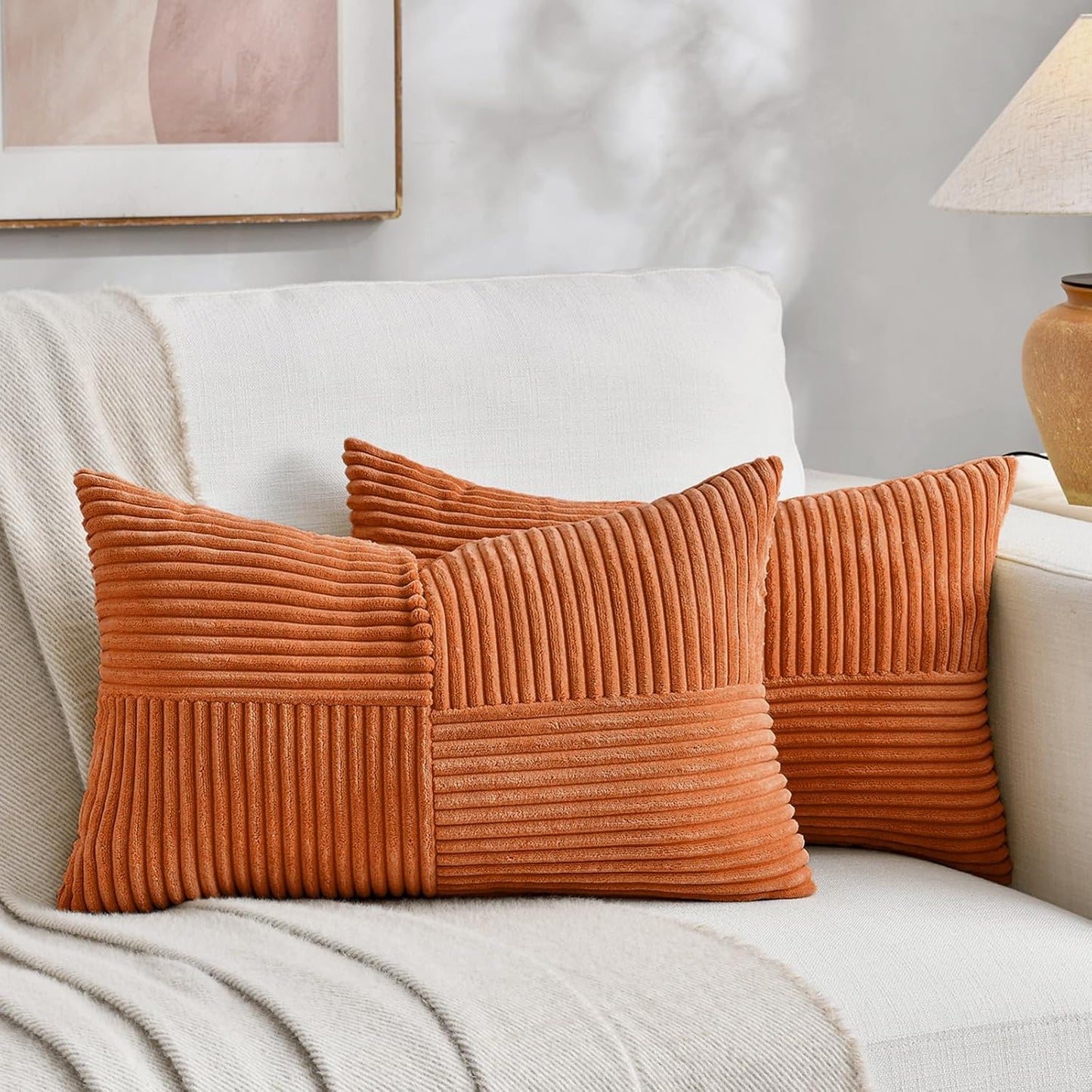 Fancy Homi 2 Packs Orange Long Lumbar Decorative Throw Pillow Covers 16x24 Inch for Couch Bed Sofa, Rustic Farmhouse Boho Home Decor, Soft Striped Corduroy Rectangle Accent Cushion Case 40x60 cm