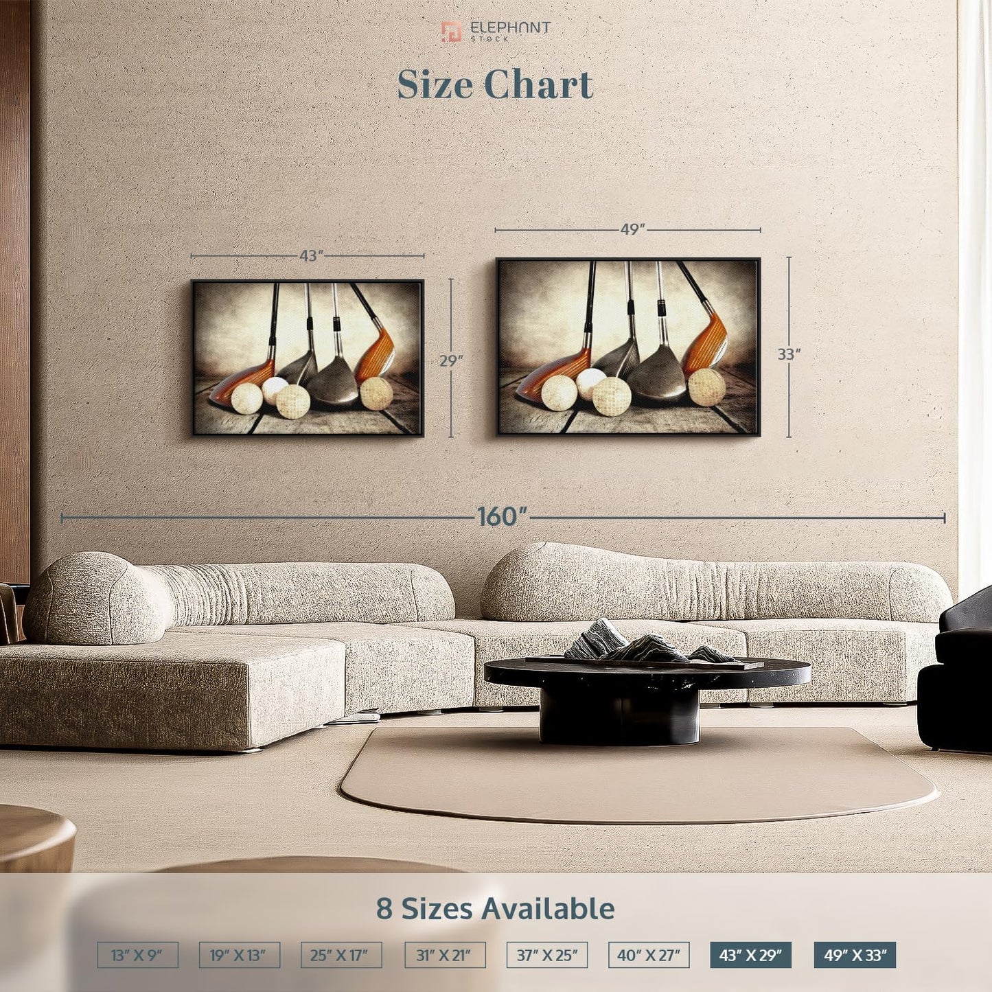 ElephantStock Golf Sets Wall Art - Horizontal Framed Canvas - 1-Piece Mancave Wall Decor - Photography Sports Canvas Print - Yellow and Brown Decor for Wall - 43" X 29"