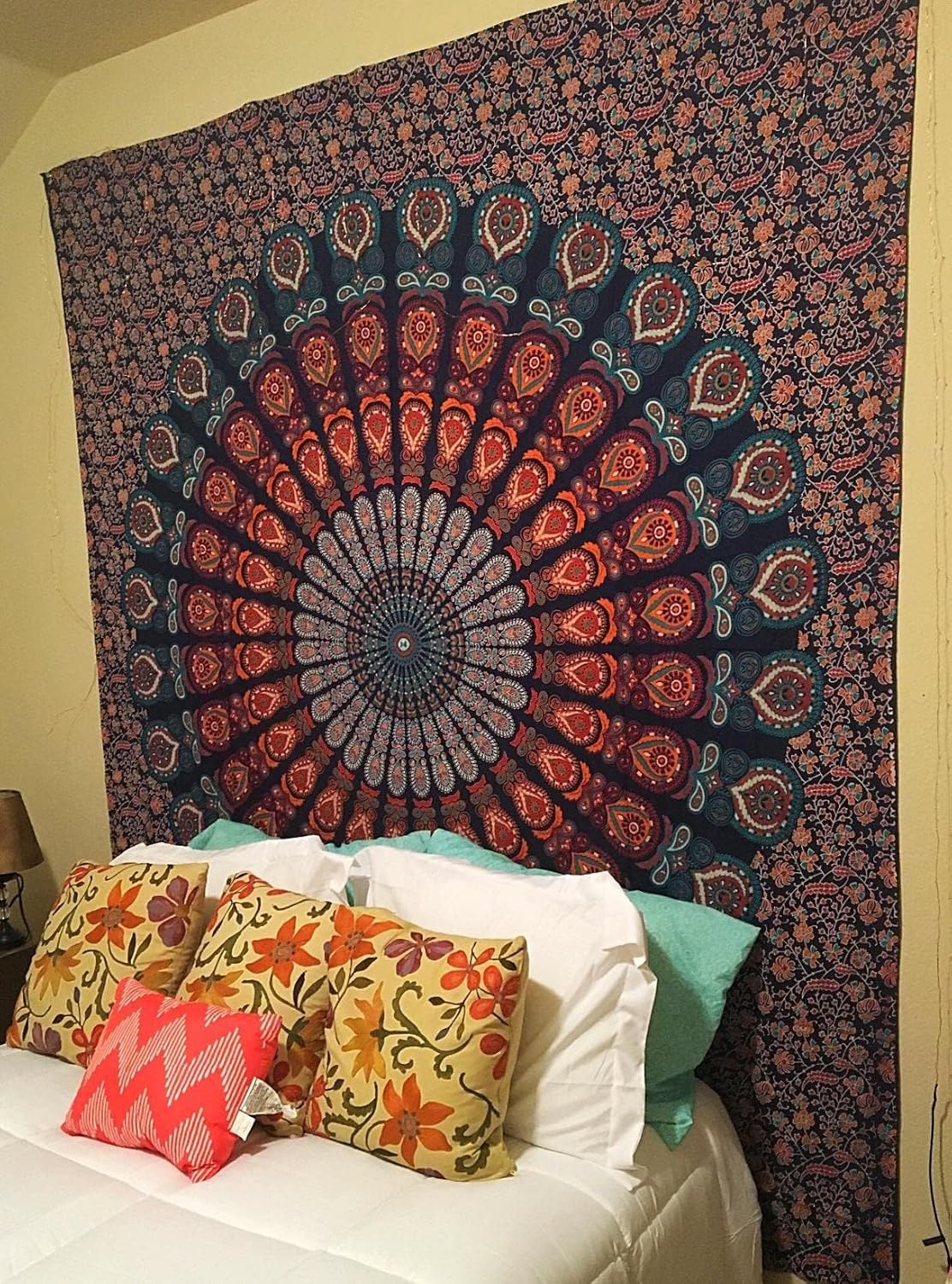 Bless International Handmade Indian hippie Bohemian Psychedelic Peacock Mandala Wall hanging College Dorm Beach Throws Table Cloth Bedding Tapestry (Golden Blue, Poster(30x40Inches)(76x101cms))