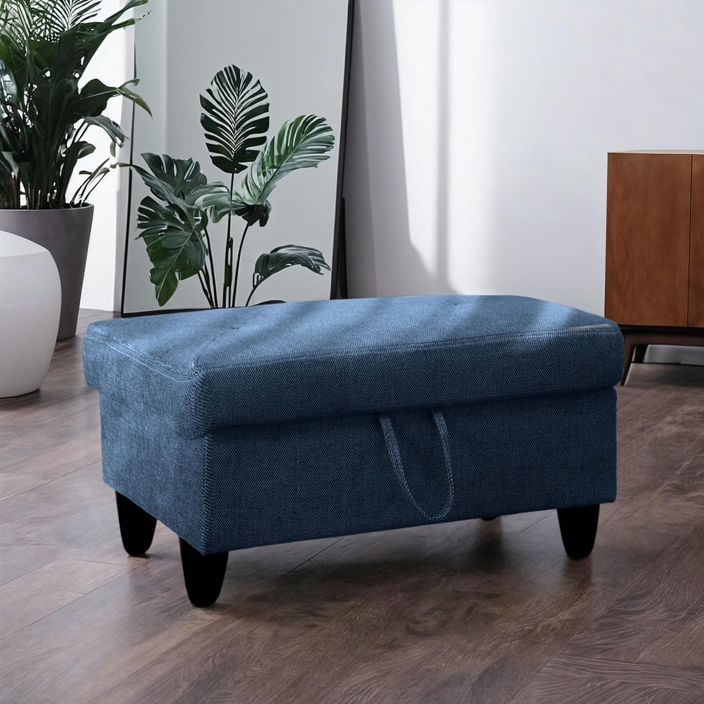 Ottoman Rectangular Storage Ottoman Bench, Flannel Footrest Stool Footstool with Lid for Living Room, Bedroom, Entryway, Blue, 28.5"x19"x17.5"