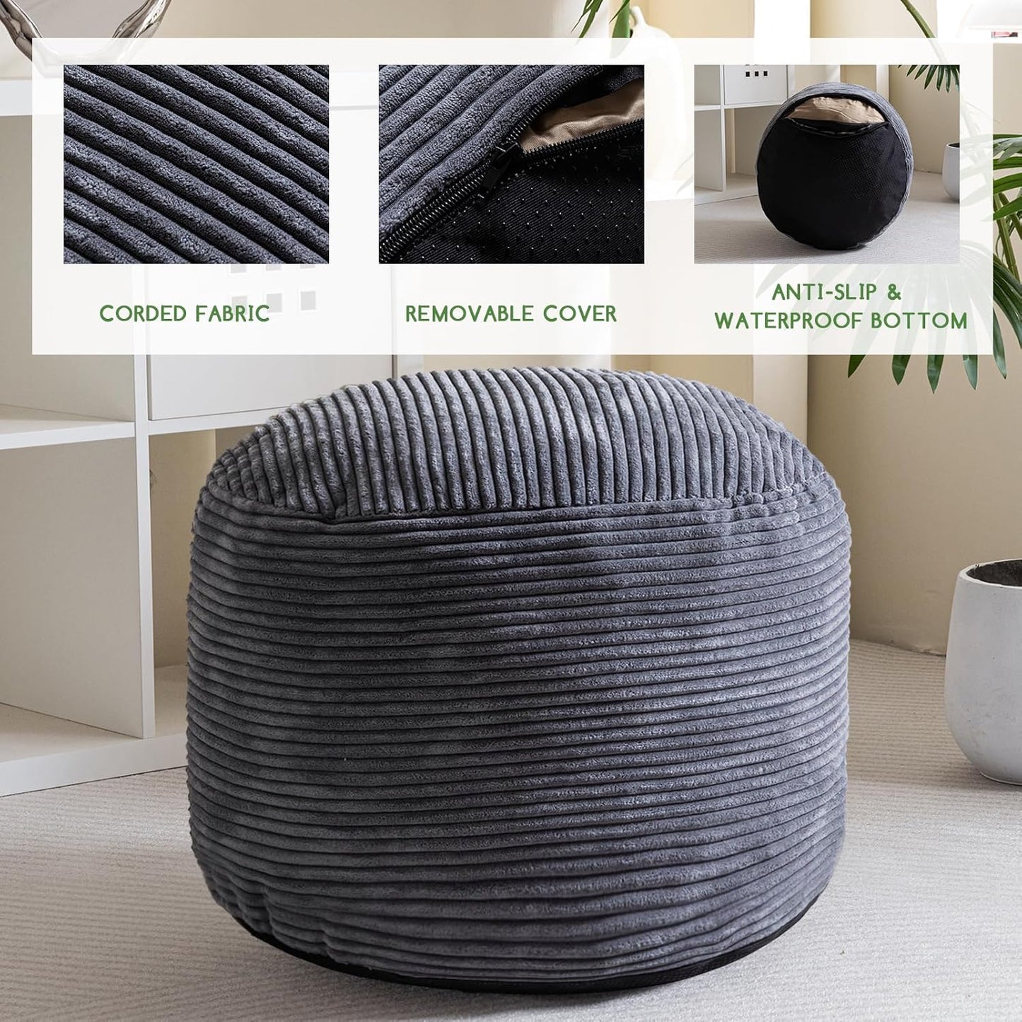 HIGOGOGO Round Stuffed Pouf Ottoman, Corduroy Poufs with Foam Chunk Filling, Furry and Fluffy Pouf Foot Stool Storage Ottoman, 26 X 18 Floor Poufs Foot Rest for Living Room, Dark Grey