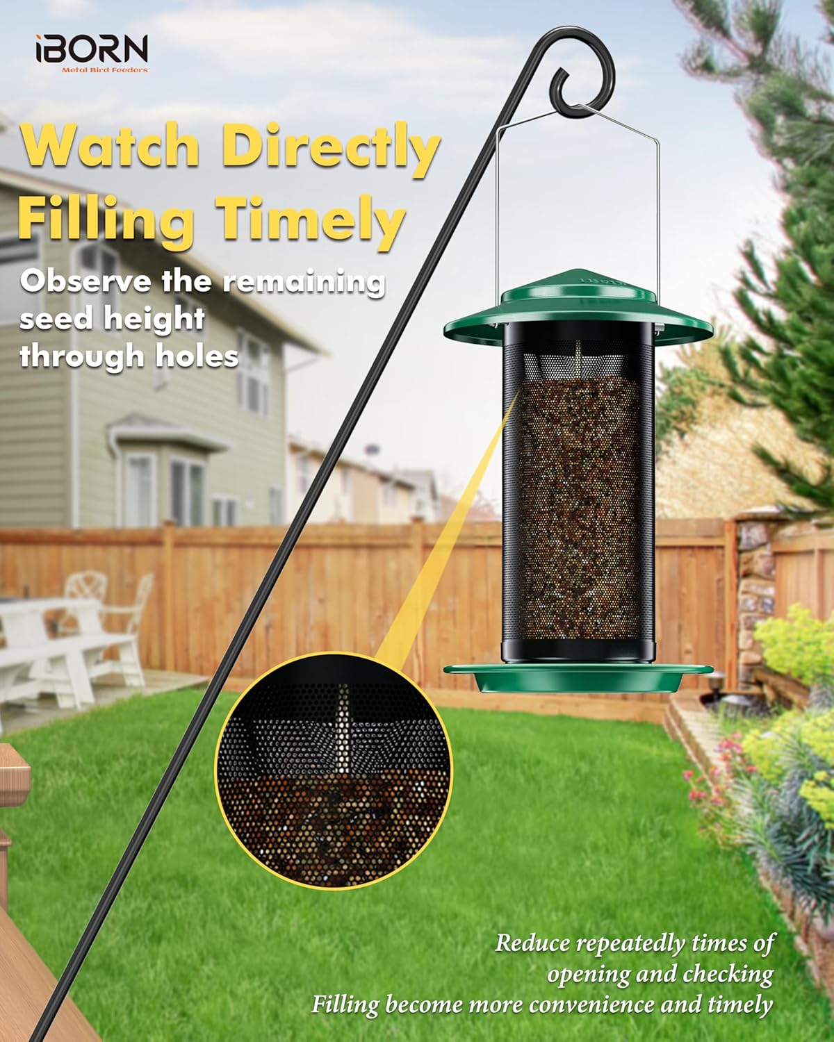 iBorn Bird Feeders for Outdoors, All Metal Mesh Tube, Holding Bird Seed for Outside Feeders,18cm Large Roof, Green, 2.8lb(Seed is not Included)