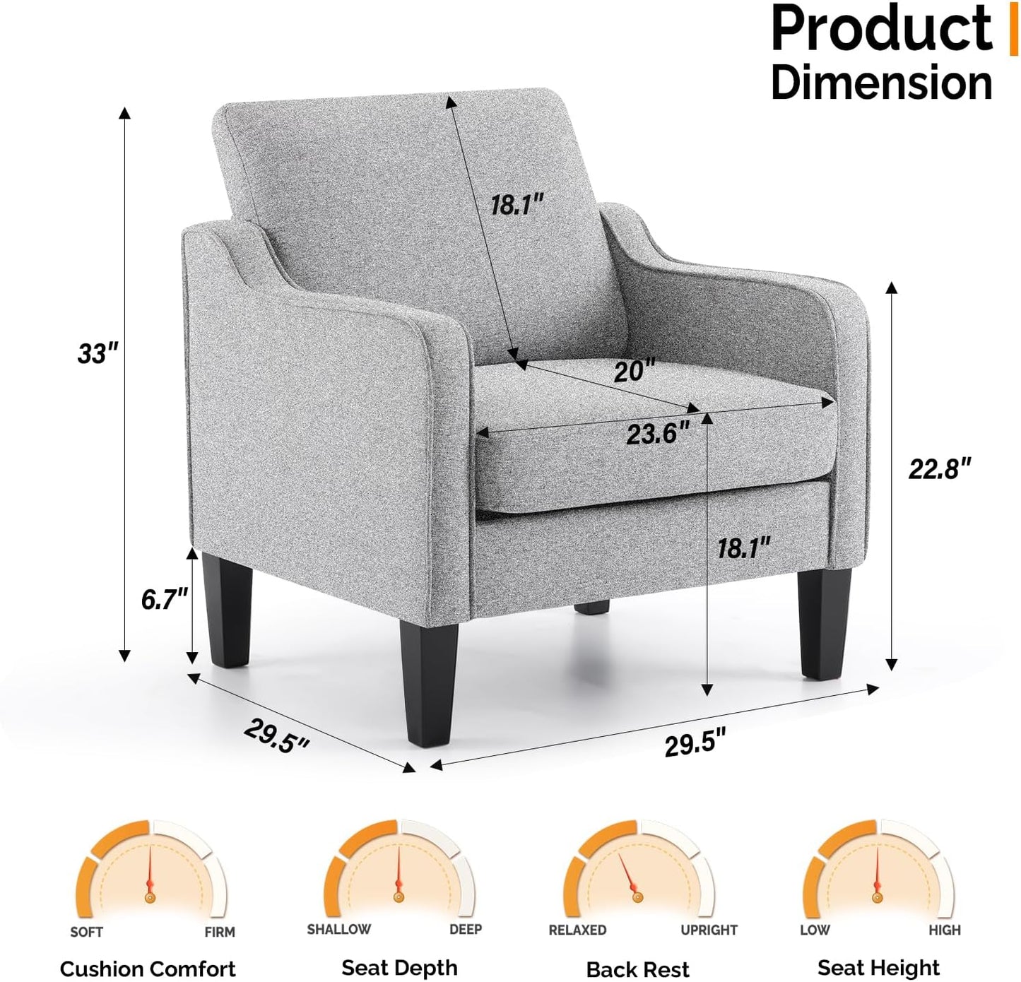 VINGLI Accent Chairs Set of 2 Gray Living Room Chairs Reading Chair for Bedroom Scooped Arm Chair Mid Century Modern Accent Chair Upholstered Comfy Chair for Apartment, Waiting Room