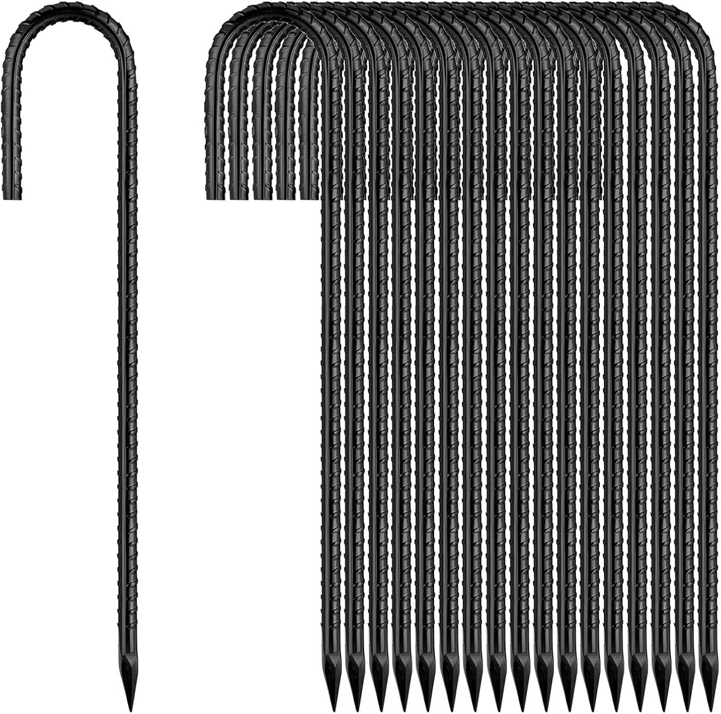 Ground-Stakes-Heavy-Duty-12 inch, J-Hook Rebar Stakes Black Coated Anti-Rust 50pcs Garden Stakes Metal Ground Anchors for Garden Dog Fence Chicken Coop Christmas Decorations Deer Fence