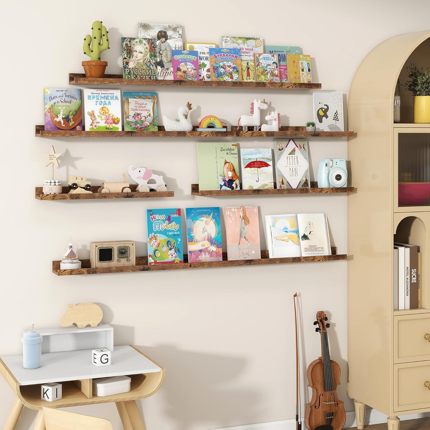 Fun Memories Picture Ledge Shelves Set of 2, 32 Inch Rustic Wall Mounted Floating Shelves with Lip for Home Storage and Décor in Bathroom, Kitchen, Nursery, Bedroom, Living Room, Brown