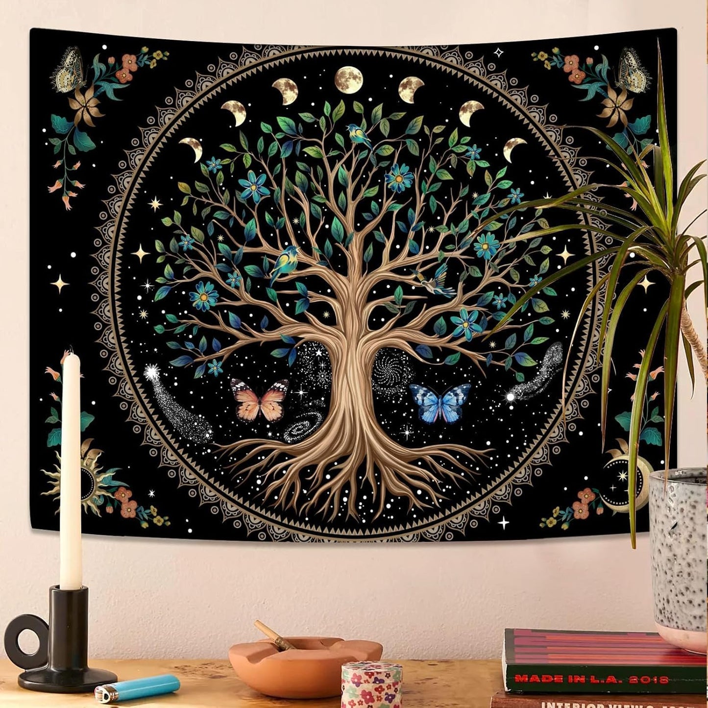 Lunerfex Tree of Life Tapastry Sun and Moon Tapastry Flower Boho Tree Mandala Wall Hanging for Bedroom and Living Room Decor Green Tree 36×48 Inches