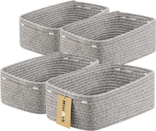 Small Storage Baskets for Organizing | Closet Organizer Bins | Shelf Toy Basket | Woven Rope Baskets | Cube Decorative Box | Shallow Basket | 13x8.5x5.1” | 4 Packs Mixed Grey