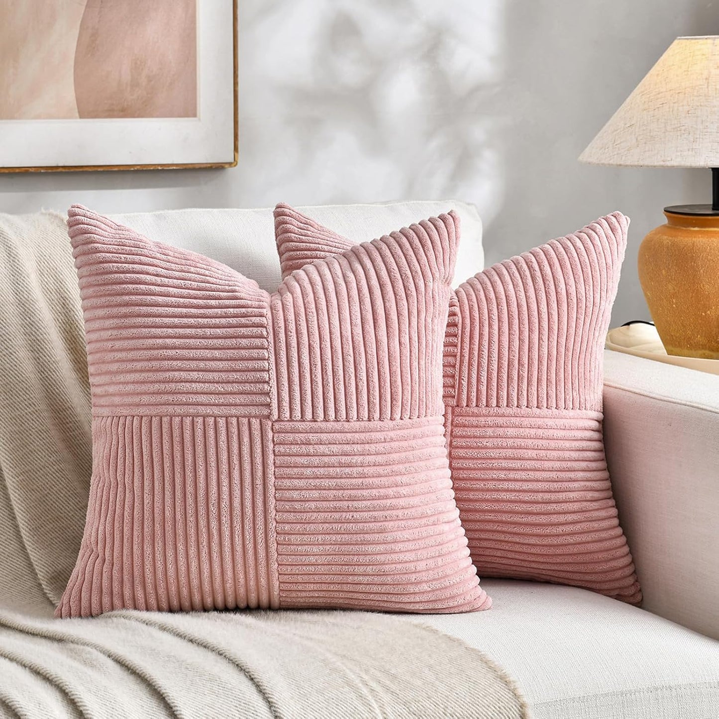 Fancy Homi 2 Packs Blush Pink Decorative Throw Pillow Covers 22x22 Inch for Living Room Couch Bed Sofa, Rustic Farmhouse Boho Home Decor, Soft Corss Corduroy Patchwork Accent Cushion Case 55x55 cm