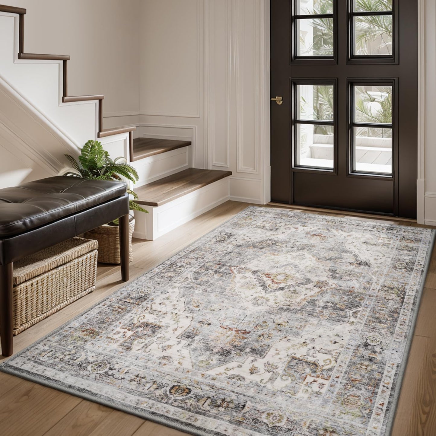 AMOAMI-3X5 Area Rug-Soft Washable Vintage Throw Accent Rugs for Living Room, Entryway, Bedroom, Kitchen, Bathroom, Laundry Room, Kitchen, Bathroom, Bedside, No Slip Grey