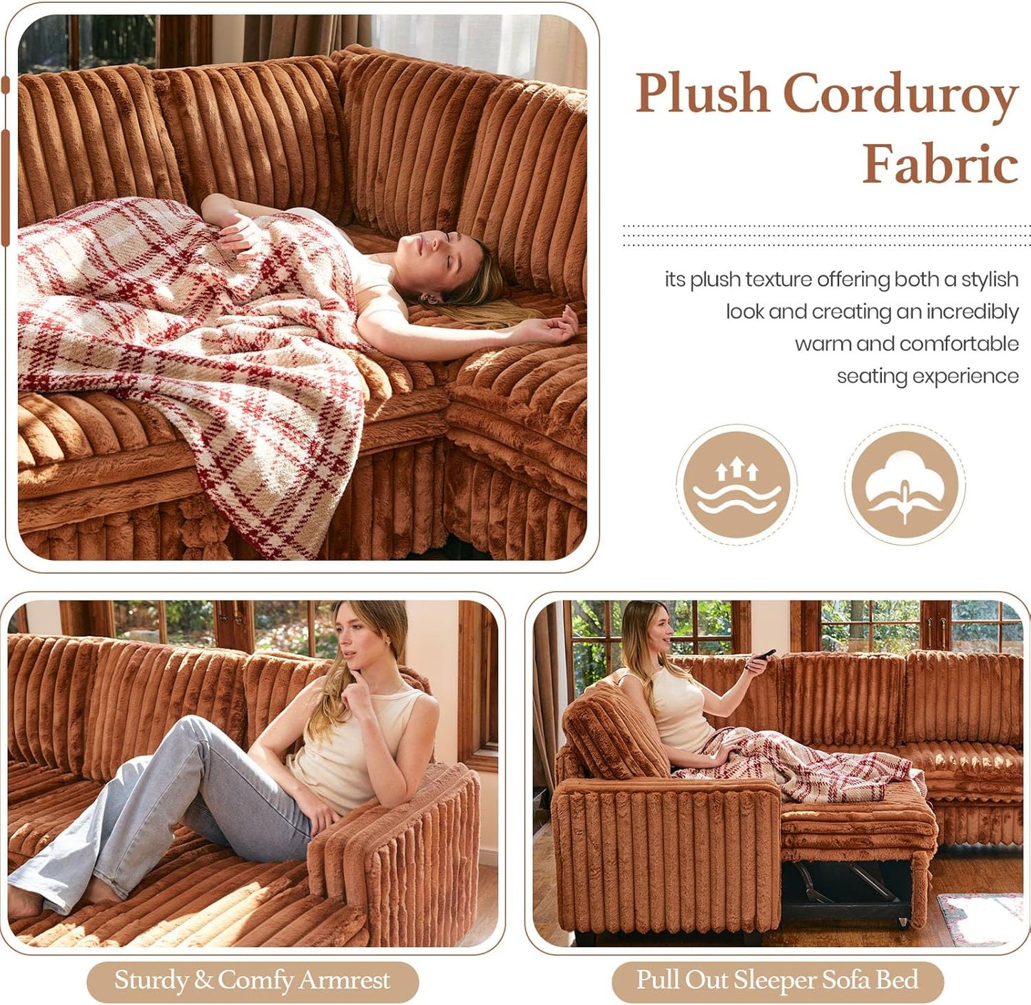 Belffin Corduroy Sleeper Sofa Bed with Storage Chaise Modular Sectional Sofa Couch with Pull Out Bed L Shaped Sectional Couches for Living Room Brick Red Couch