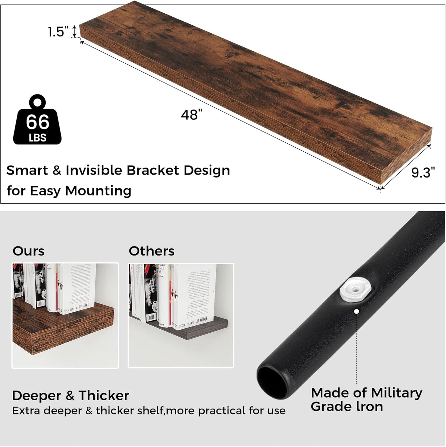 Floating Shelves - 2 Large Wall Mounted Shelves with Invisible Brackets, Long Wood Floating Wall Shelf for Living Room, Bedroom, Kitchen (Brown, 48" W x 9" D x 1.5" H)