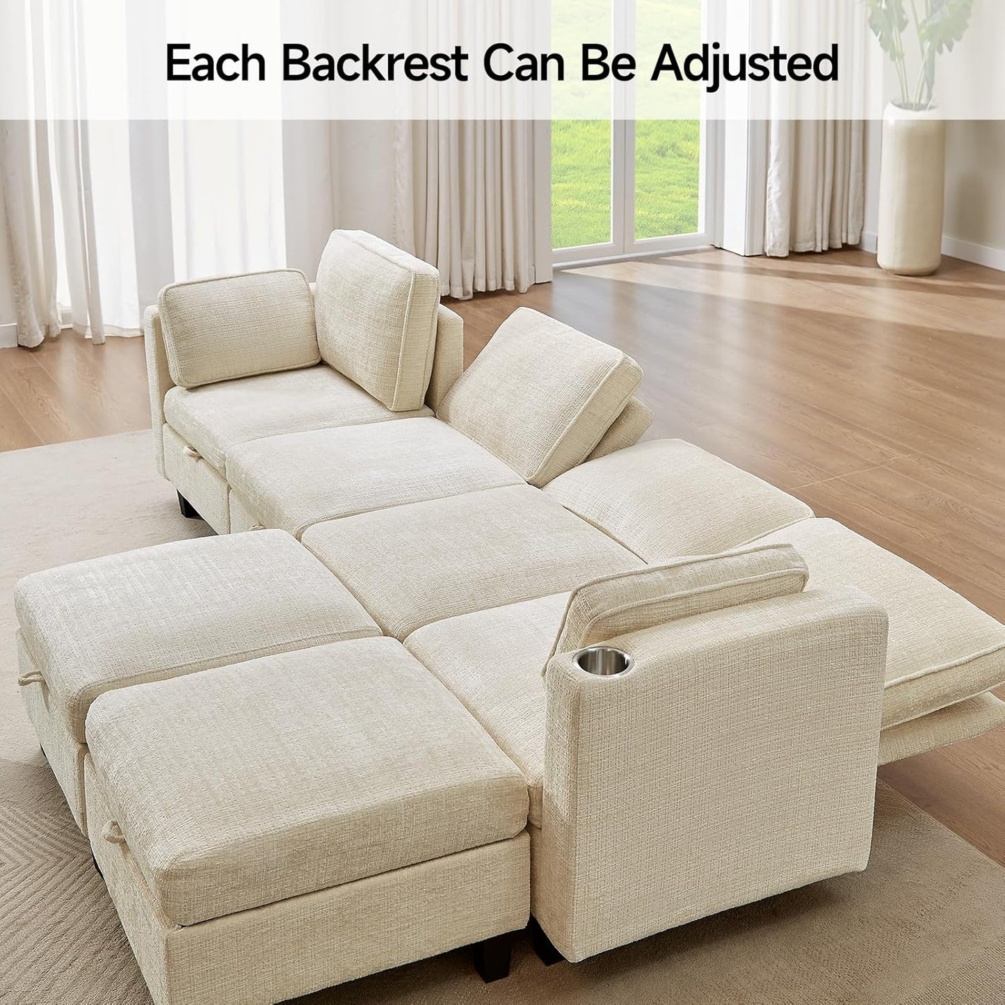 110" Modular Sectional Sofa, Convertible Sleeper Sofa Couch Bed with Adjustable Backrest, U-Shaped Chenille Cloud Couch with Ottoman Storage, Deep Seat Couches for Living Room,Beige