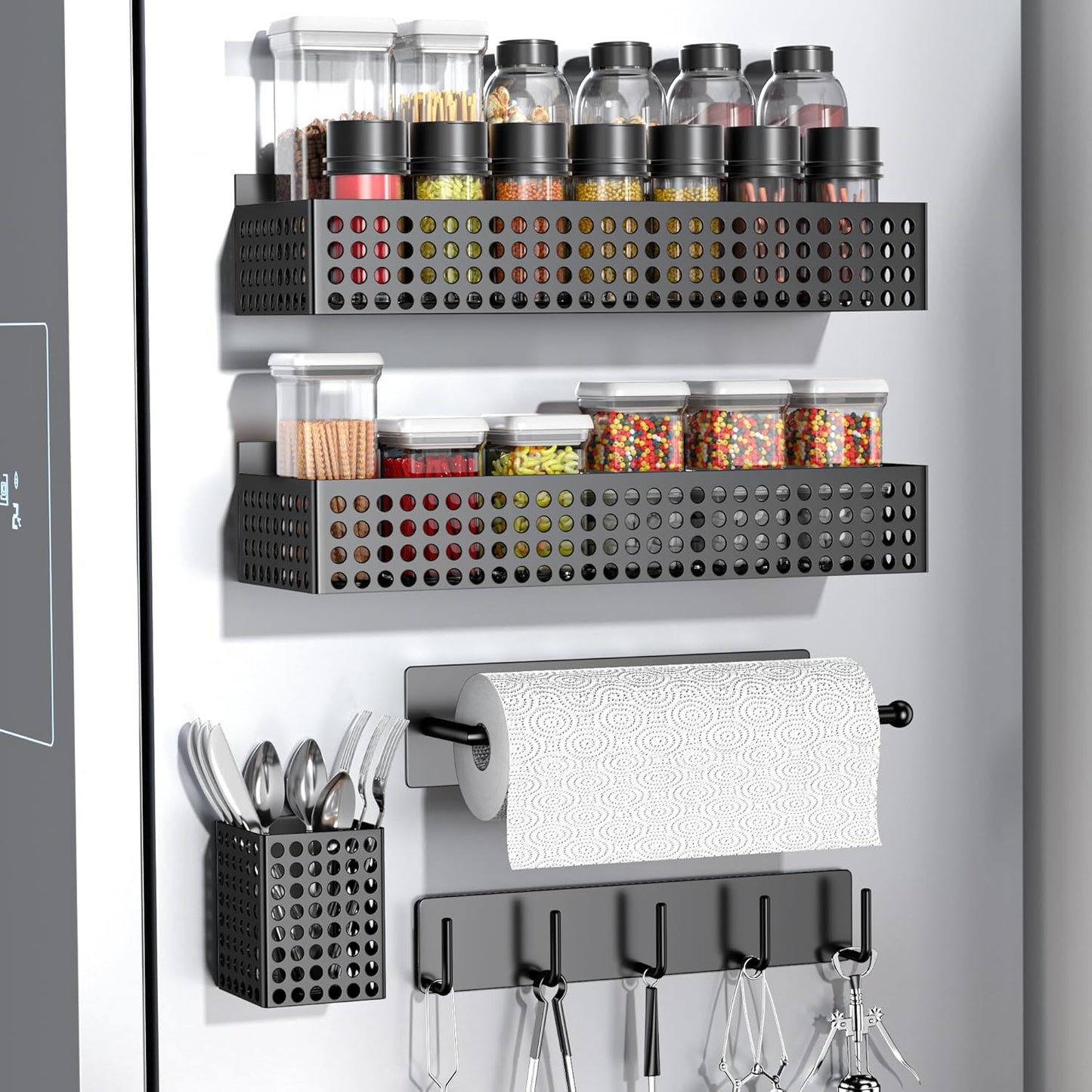 Magnetic Spice Rack for Refrigerator 2 Tiers and Paper Towel Holder and Utensil Holder, Magnetic Refrigerator Organizer, Strong Magnetic Fridge Shelf, Side Fridge Storage Rack for Kitchen